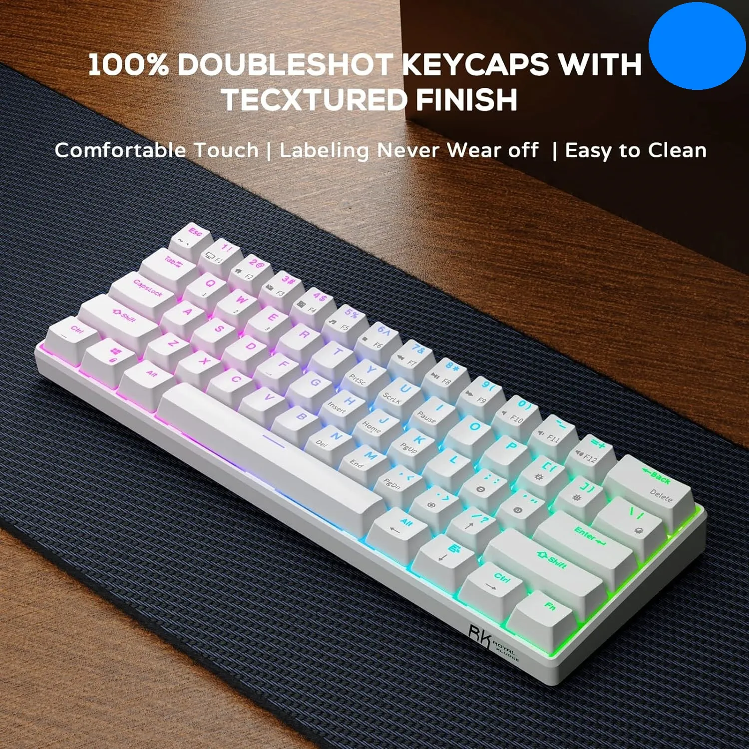 ASDTGAWSR RK ROYAL KLUDGE RK61 61 Keys Mechanical Keyboard , 3 Connection Modes USB-2.4Ghz/Bluetooth/Wired/ Wireless - RGB Hot Swappable Blue Switch Gaming Keyboard - Arabic / English - White