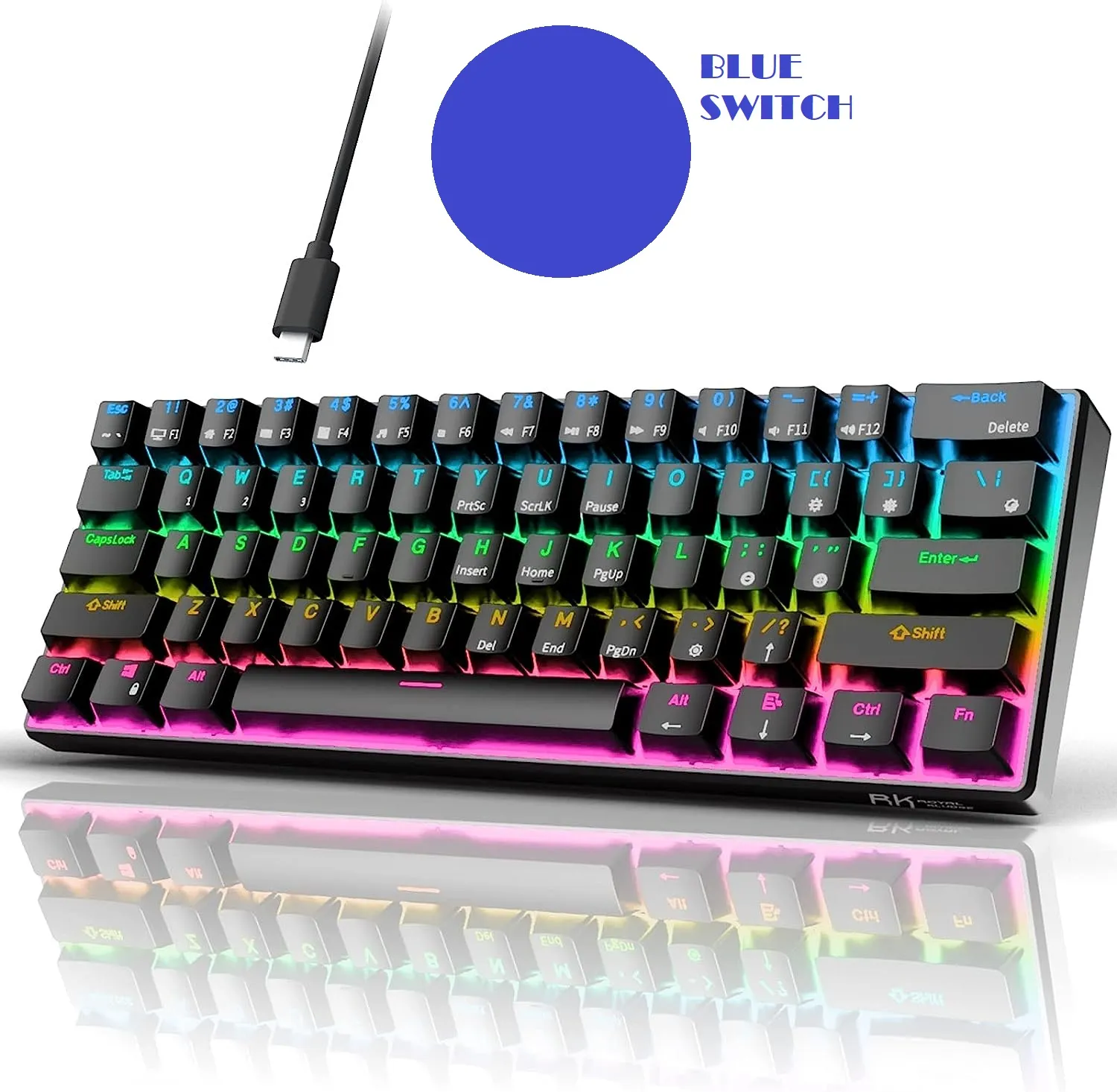 RK ROYAL KLUDGE RK61 61 Keys Mechanical Keyboard , 3 Connection Modes USB-2.4Ghz/Bluetooth/Wired/ Wireless - RGB Hot Swappable Blue Switch Gaming Keyboard - Arabic / English - BLACK