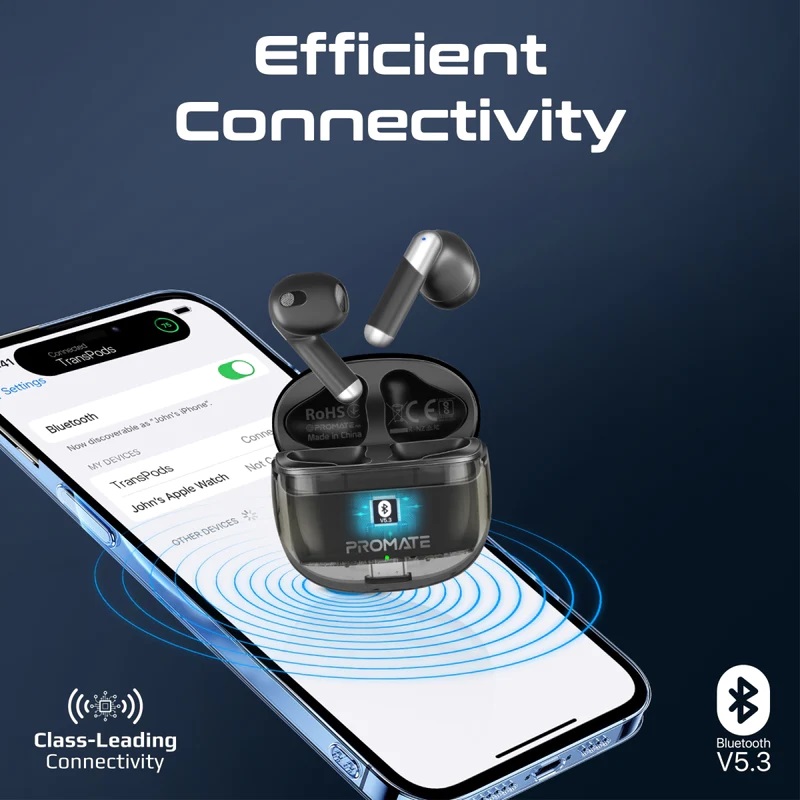 PROMATE Earbuds Noise Cancellation Bluetooth Black PROMATE High Definition Transparent TWS Earbuds with IntelliTouch - Active Noise Cancellation - Bluetooth V 5.3 - Compact Transparent Design - BLACK