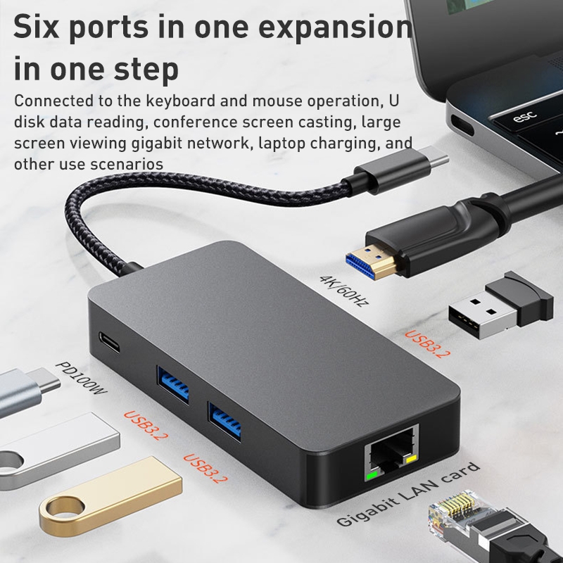 USB HUB Gigabit HDMI 4K 60Hz 6 in 1  USB Type-C to ( USB3.2 + Gigabit Lan Internet + HDTV/HDMI 4K 60Hz ) HUB Adapter & Charging -  BYL-2308 (Dark Gray)