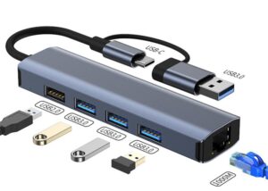 5-in-2 Adapter Converter USB 3.0/USB C HUB to ( RJ45 Gigabit Ethernet 3x USB 3.0 1x USB 2.0 ) , USB Docking Station Compact Multiport , BYL-2208TU