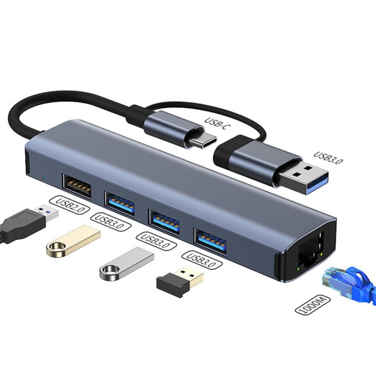 5-in-2 Adapter Converter USB 3.0/USB C HUB to ( RJ45 Gigabit Ethernet 3x USB 3.0 1x USB 2.0 ) , USB Docking Station Compact Multiport , BYL-2208TU
