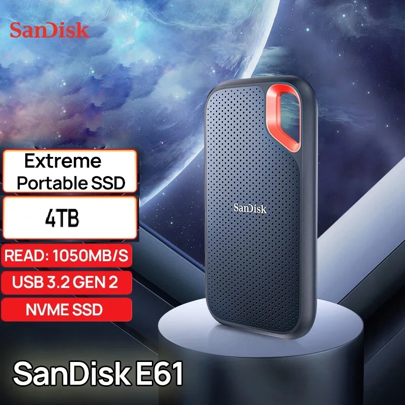 SanDisk 4TB Extreme Portable SSD, USB-C USB 3.2 Gen 2, External NVMe Solid State Drive, up to 1050 MB/s, IP65 rated for dust and water resistance