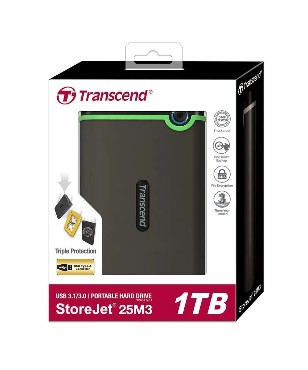Transcend 1TB USB3.0 External Hard Drive Transcend 1 TB StoreJet M3 Military Drop Tested USB 3.0 External Hard Drive with Anti-Shock Rubber Outer Case