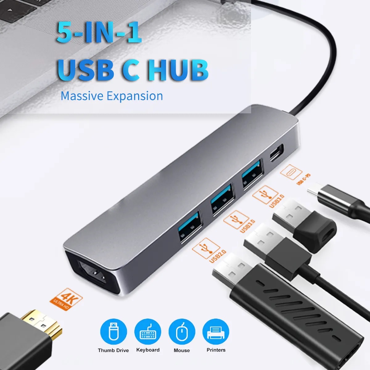 5 in 1 USB-C Hub with 4K HDMI 30Hz, USB 3.0/2.0, 60W Power Delivery, 5 Gbps Data Ports / USB C Multi-Port Adapter for MacBook, Laptops ,and Type C Device