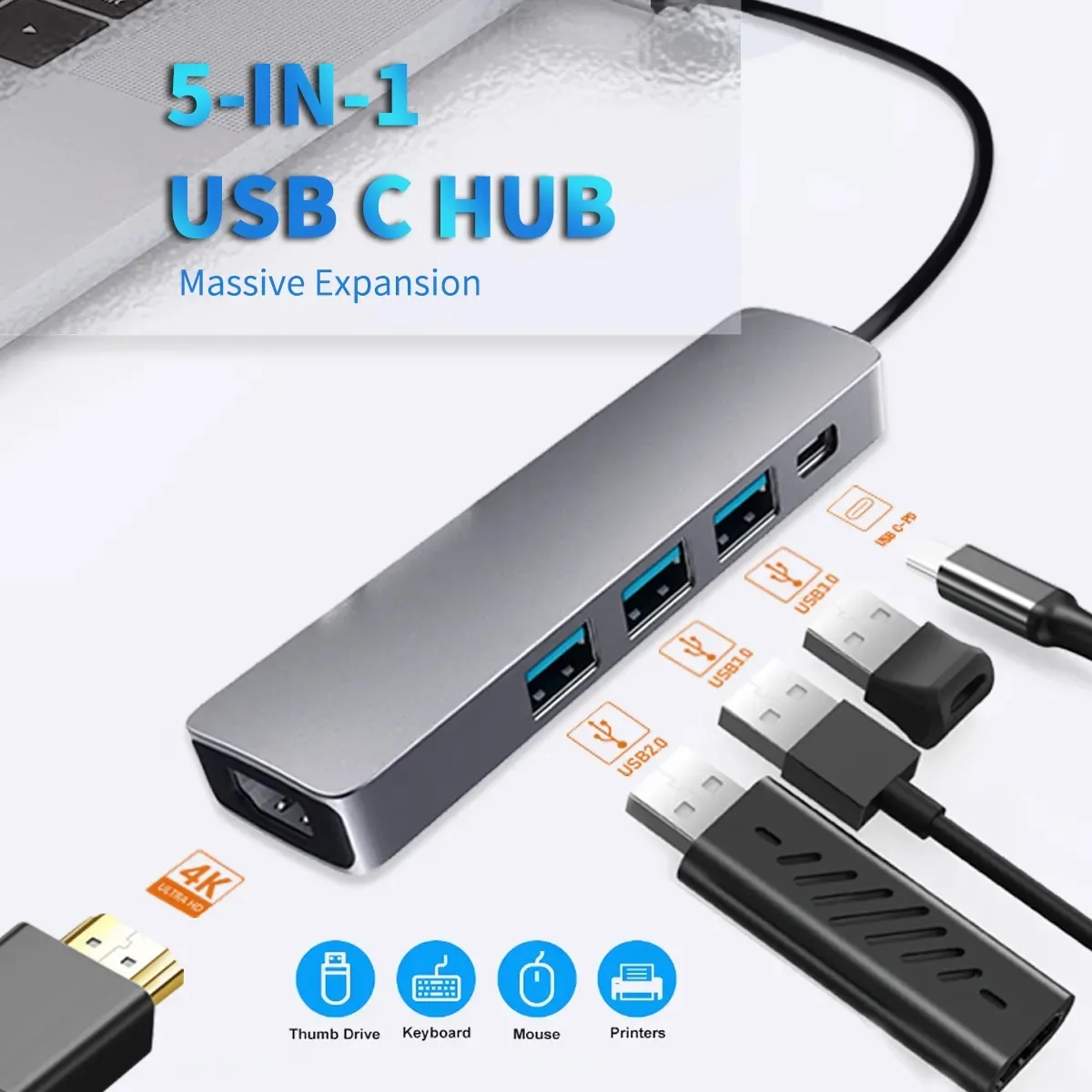 5 in 1 USB-C Hub with 4K HDMI 30Hz, USB 3.0/2.0, 60W Power Delivery, 5 Gbps Data Ports / USB C Multi-Port Adapter for MacBook, Laptops ,and Type C Device