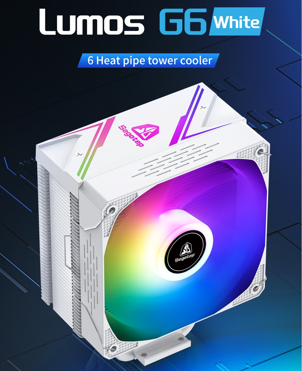 Air CPU Cooler ARGB Cooling Fan 6 Copper Heat Pipes CPU Radiator with FDB Bearing 120mm Fan PWM 1800 RPM - 82 CFM - Addressable RGB Lighting Sync - WHITE