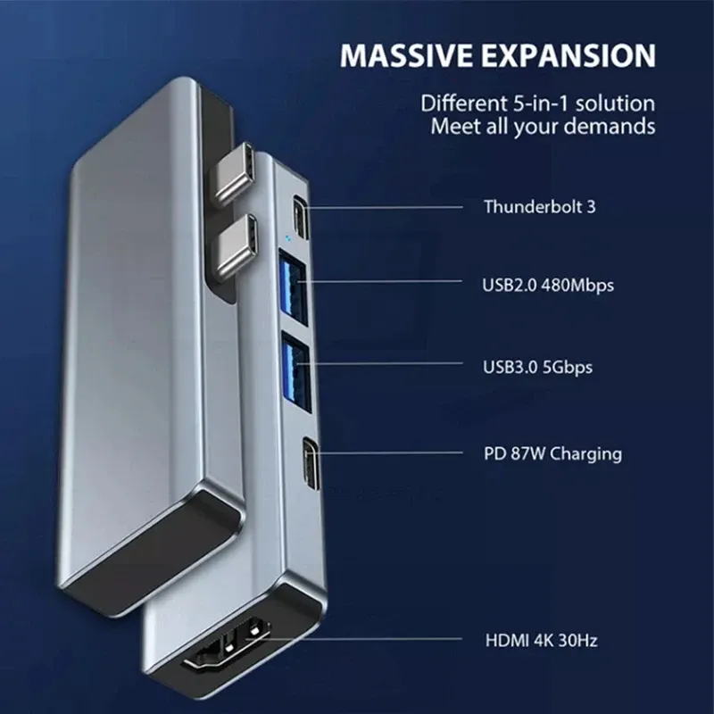 WhatsApp Image 2024-02-22 at 12.16.50 PM 5 in 1 USB Hub DUAL TYPE-C TO ( Type C + USB HUB to HDMI/HDTV + PD + USB C + 2 USB 3.0/3.1 ) USB 3.1 Adapter 4K-HDMI 87W PD Charge For MacBook , Chromebook ...