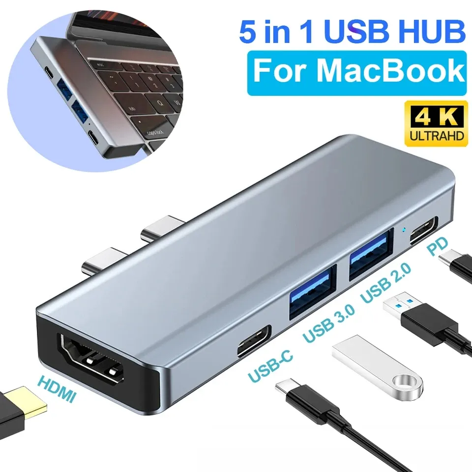 WhatsApp Image 2024-02-22 at 12.17.06 PM (1) 5 in 1 USB Hub DUAL TYPE-C TO ( Type C + USB HUB to HDMI/HDTV + PD + USB C + 2 USB 3.0/3.1 ) USB 3.1 Adapter 4K-HDMI 87W PD Charge For MacBook , Chromebook ...