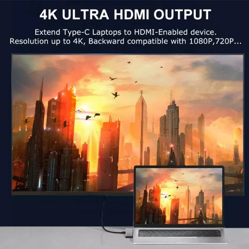 WhatsApp Image 2024-02-22 at 12.17.08 PM 1. Interface: USB3.0x1, USB2.0x1, HDMIx1, PDx1, Type-Cx1 2. Resolution: 3840x2160 3. Support 100W power adapter 4. Type-C transmission rate: 5Gbps 5. Small and Portable: Small and lightweight design, does not take up much space, easy to put in briefcases, daily backpacks, luggage, etc., very suitable for travel and business trips 6. Aluminum alloy shell material, fast heat dissipation and wear resistance. 7. Support 4K/30Hz resolution, connect the notebook to the LCD TV, the large screen HD is smooth and does not flicker 8. Plug and play, no driver required