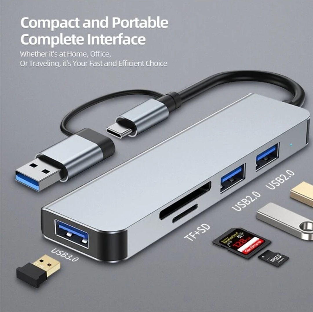 5-Port Docking Station USB C Splitter Hub/Adapter : 1xUSB 3.0 Port, 2xUSB 2.0 Port, 1xMicro SD card reader, 1xTF card reader , Docking Station Hub USB SD TF