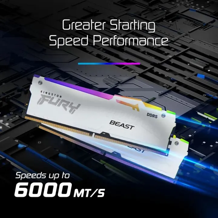 KF560C36BWE2A-16  KINGSTON FURY RAM 16GB DDR5 6000 CL36 White RGB Kingston FURY Beast RGB DDR5 16GB 6000MT/s CL36 DIMM White RAM Single Module, Intel XMP 3.0 & AMD EXPO, Custom RGB Lighting, On-Die ECC, White Heat Spreader – KF560C36BWE2A-16