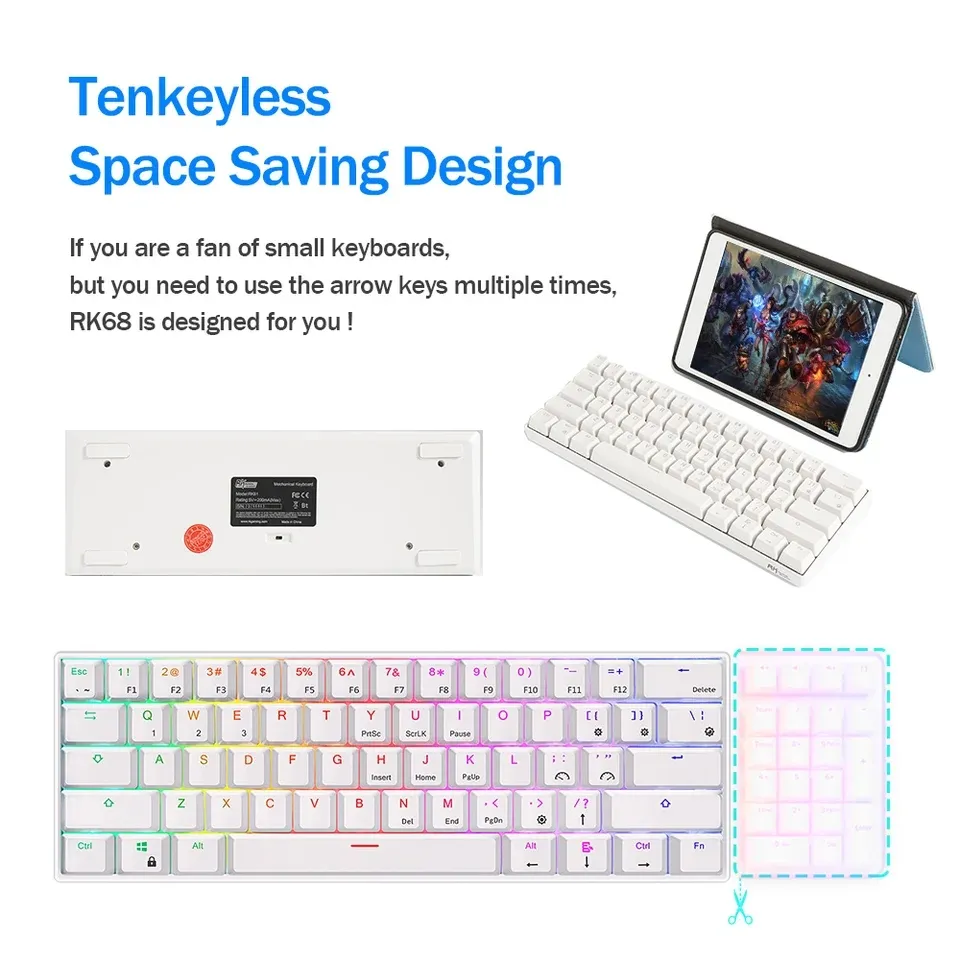 WhatsApp Image 2024-02-29 at 4.00.36 PM (1) RK ROYAL KLUDGE RK61 61 Keys Mechanical Keyboard , 3 Connection Modes USB-2.4Ghz/Bluetooth/Wired/ Wireless - RGB Hot Swappable Brown Switch Gaming Keyboard - Arabic / English - White