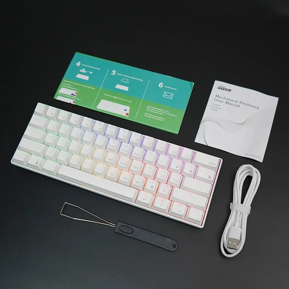RK ROYAL KLUDGE RK61 61 Keys Mechanical Keyboard , 3 Connection Modes 2.4Ghz/Bluetooth/Wired, Wireless Bluetooth - RGB Hot Swappable Blue Switch Gaming Keyboard - Arabic / English - White
