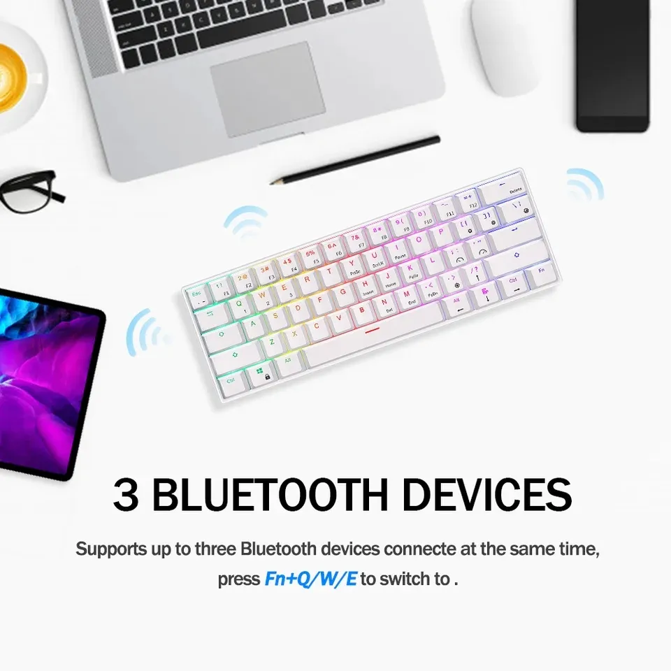 RK ROYAL KLUDGE RK61 61 Keys Mechanical Keyboard , 3 Connection Modes USB-2.4Ghz/Bluetooth/Wired/ Wireless - RGB Hot Swappable Blue Switch Gaming Keyboard - Arabic / English - White - Image 7