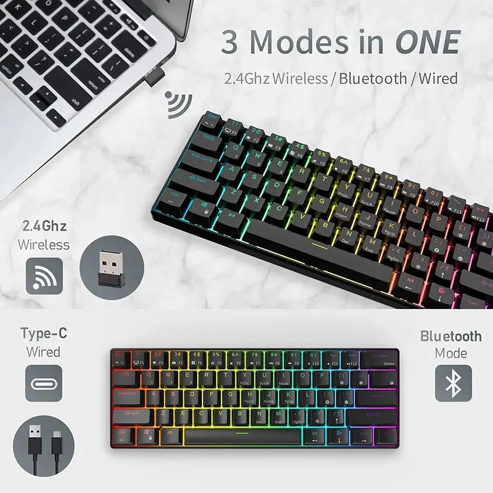 RK ROYAL KLUDGE RK61 61 Keys Mechanical Keyboard , 3 Connection Modes USB-2.4Ghz/Bluetooth/Wired/ Wireless - RGB Hot Swappable Blue Switch Gaming Keyboard - Arabic / English - BLACK