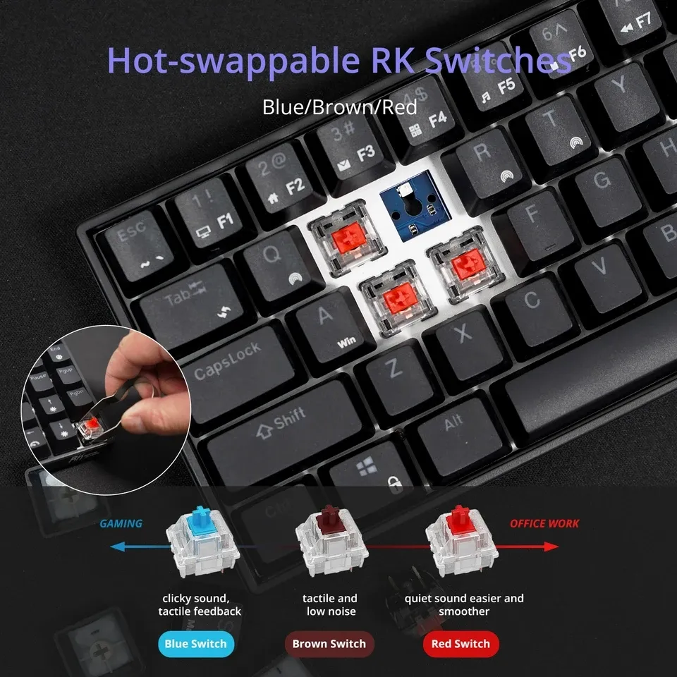 RK ROYAL KLUDGE RK61 61 Keys Mechanical Keyboard , 3 Connection Modes USB-2.4Ghz/Bluetooth/Wired/ Wireless - RGB Hot Swappable Blue Switch Gaming Keyboard - Arabic / English - BLACK