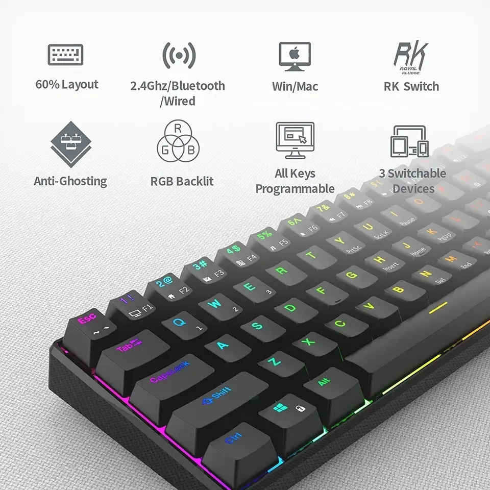 RK ROYAL KLUDGE RK61 61 Keys Mechanical Keyboard , 3 Connection Modes USB-2.4Ghz/Bluetooth/Wired/ Wireless - RGB Hot Swappable BROWN Switch Gaming Keyboard - Arabic / English - BLACK