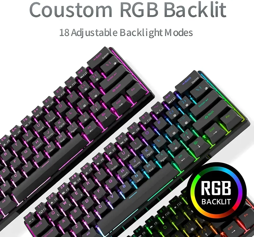RK ROYAL KLUDGE RK61 61 Keys Mechanical Keyboard , 3 Connection Modes USB-2.4Ghz/Bluetooth/Wired/ Wireless - RGB Hot Swappable BROWN Switch Gaming Keyboard - Arabic / English - BLACK