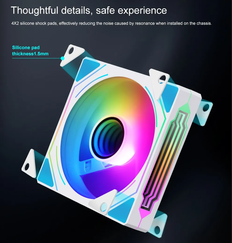 Strong Airflow, taking into account air ducts and light effects Multiple effect | Ability to sync | Cable Management Infinity Mirror Design | RGB lamp beads PWM Intelligent Temperature Control 4X2 silicone shock pads, effectively reducing the noise caused by resonance when installed on the chassis Pack of 1