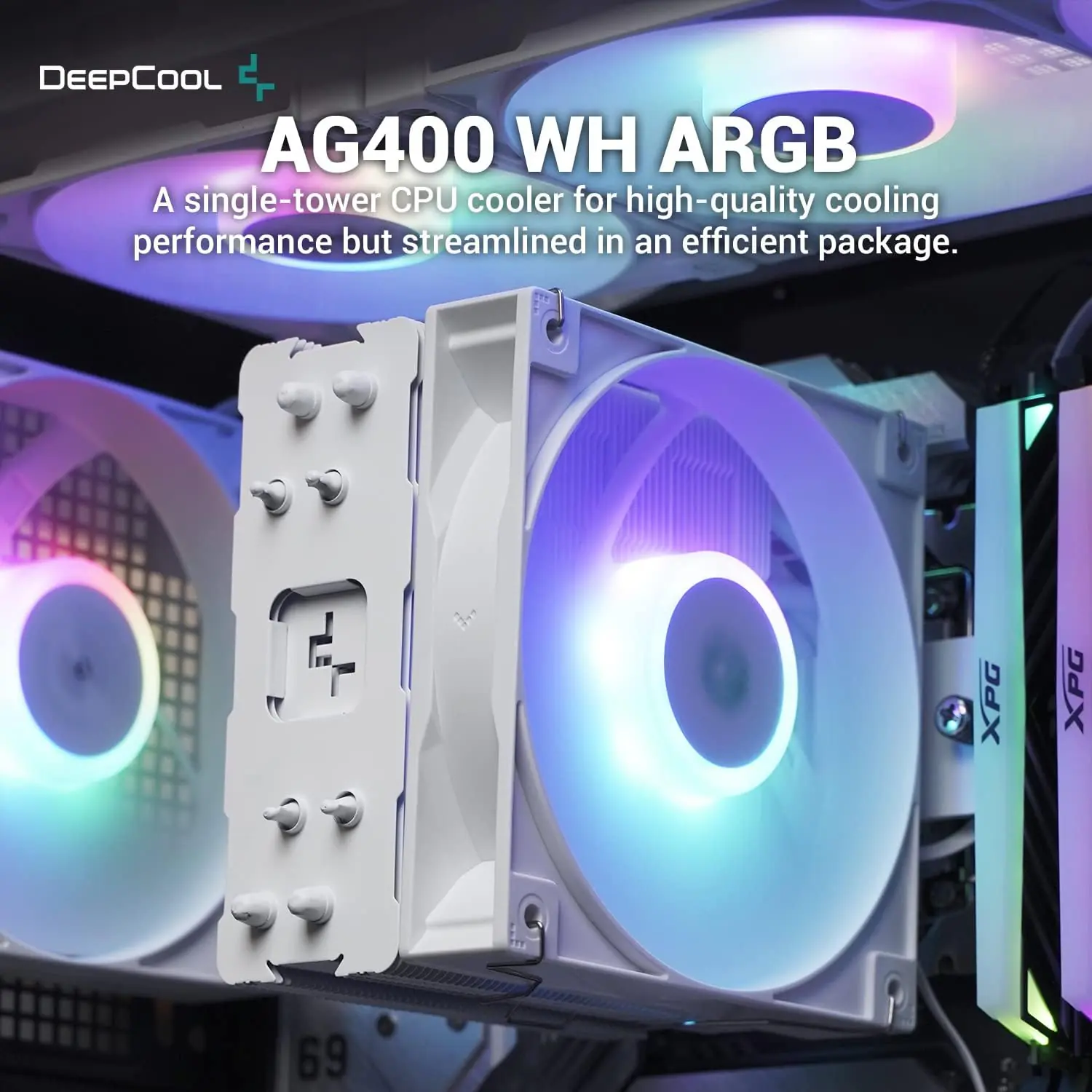 DeepCool AG400 WH ARGB Single-Tower CPU Cooler, 120mm Static ARGB Fan, Direct-Touch Copper Heat Pipes, Intel/AMD Support