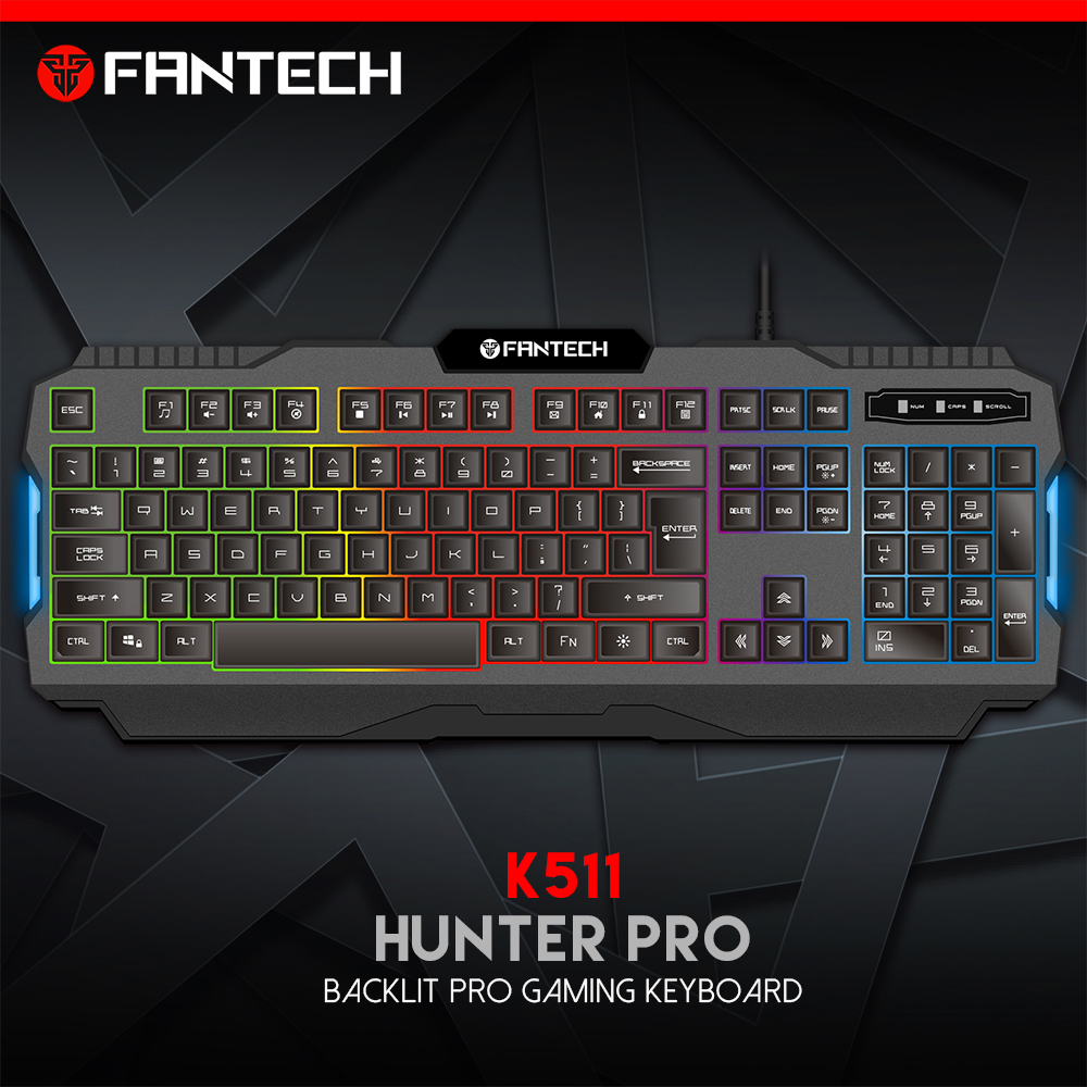 12-4 FANTECH K511 Hunter Pro Backlit Pro Gaming Keyboard - one mode RGB Rainbow BACKLIT - 12 keys Media Keys - 19 Keys Anti-Ghosting - SUPPORTS Windows Vista, Win7/8/10, Mac OS X 10.5 or later, Linux, Chrome OS RGB Backlit Pro Gaming Keyboard