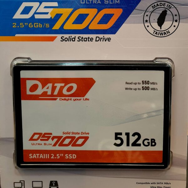DATO DS700 ULTRA SLIM SSD 512GB SATA 2.5" 550MB/S , Storage capacity: 512G , Form factor: 2.5" SSD , Interface: SATA3 6Gb/s , Max seq read: 525MB/s