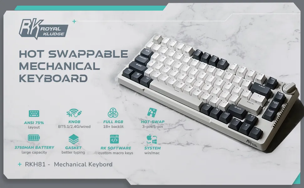 RK ROYAL KLUDGE H81 RGB Wireless Gaming Mechanical Keyboard BLUE Switch, Triple Mode Connectivity 2.4Ghz/BT5.1/USB-C ;  Control Knob , Gasket Mounted ; 75% Layout Hot Swappable 81 Keys - WHITE NIGHT RGB Wireless Mechanical Keyboard BLUE Switch