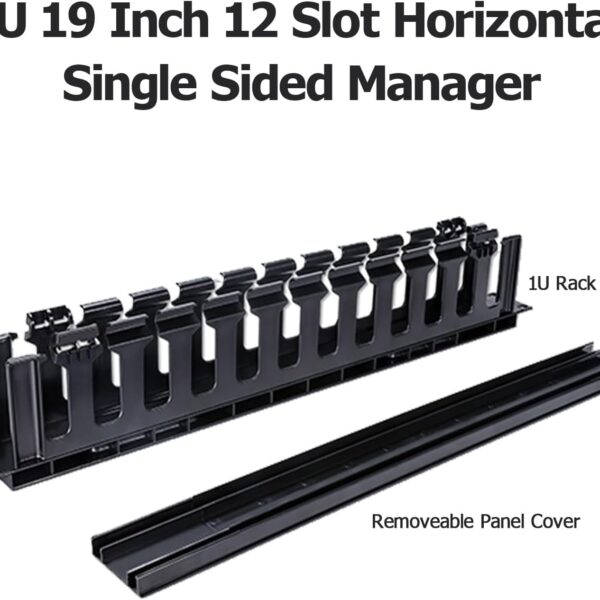 1U 19 Inch 12 Slot Horizontal Single Sided Manager, Cable Raceway Duct with Cover for Rack Mount Cable Management, 3.43 inch Depth 1U 12 Slot Cable Management