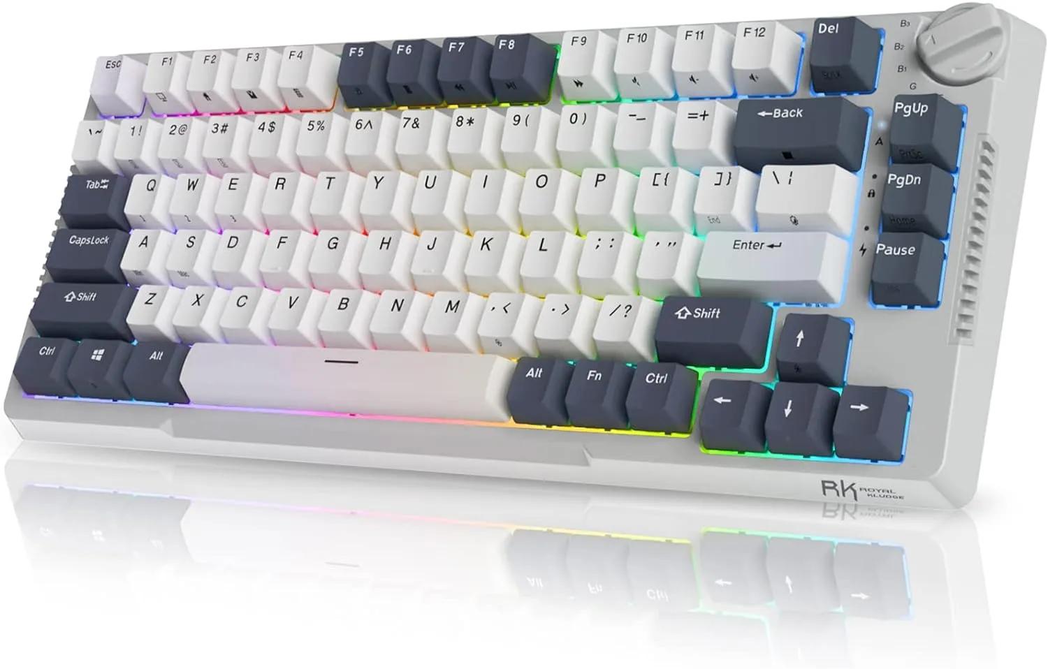 RK ROYAL KLUDGE H81 RGB Wireless Gaming Mechanical Keyboard BLUE Switch, Triple Mode Connectivity 2.4Ghz/BT5.1/USB-C ;  Control Knob , Gasket Mounted ; 75% Layout Hot Swappable 81 Keys - WHITE NIGHT RGB Wireless Mechanical Keyboard BLUE Switch