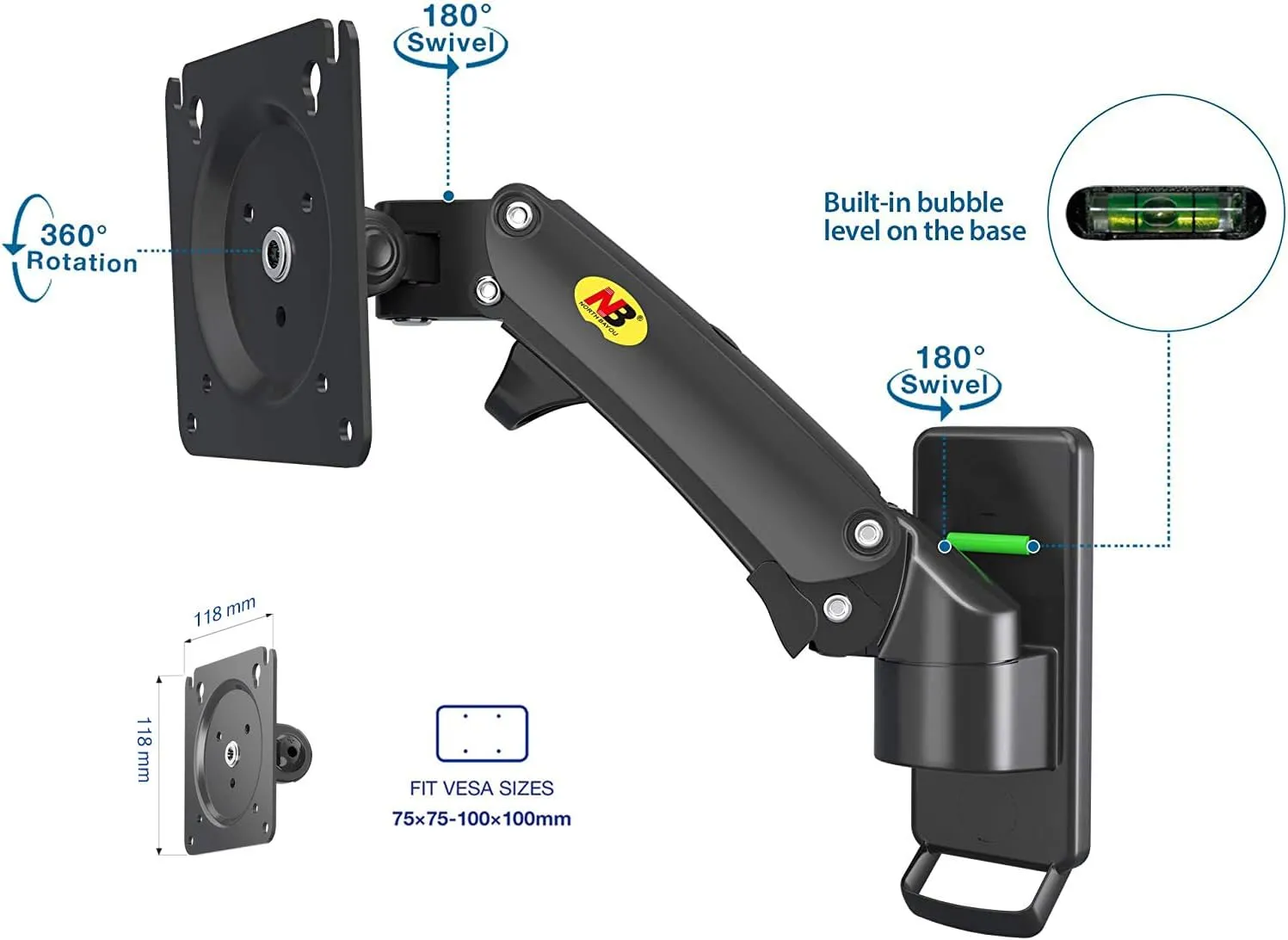 Wall Mount Bracket Arm for LED LCD TV Screen Monitor  - Full Motion Articulating Swivel for 17" ~ 27" Inch Monitors with Adjustable Gas Spring  Wall Mount Bracket Arm Monitor Screen