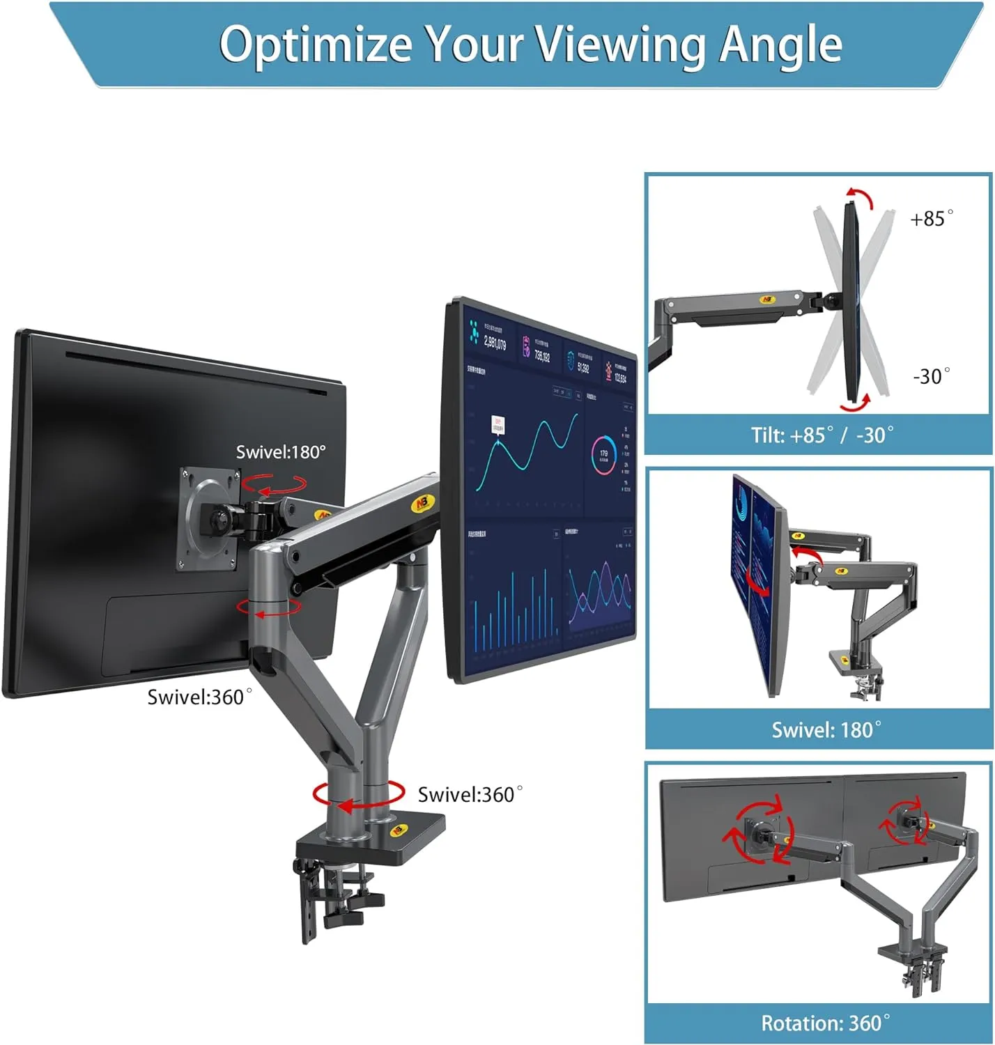 ual Monitor, 22''-32'', Arm Ultra Wide Full Motion Swivel Mount with Gas Spring, Load Capacity from 2 to 15 Kg Each Height Adjustable Stand G35 Dual Monitor Arm Stand 22'' 32''
