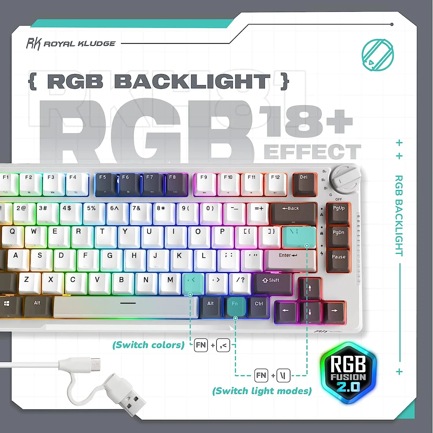 RK ROYAL KLUDGE H81 RGB Wireless Gaming Mechanical Keyboard BLUE Switch, Triple Mode Connectivity 2.4Ghz/BT5.1/USB-C ;  Control Knob , Gasket Mounted ; 75% Layout Hot Swappable 81 Keys - WHITE NIGHT RGB Wireless Mechanical Keyboard BLUE Switch