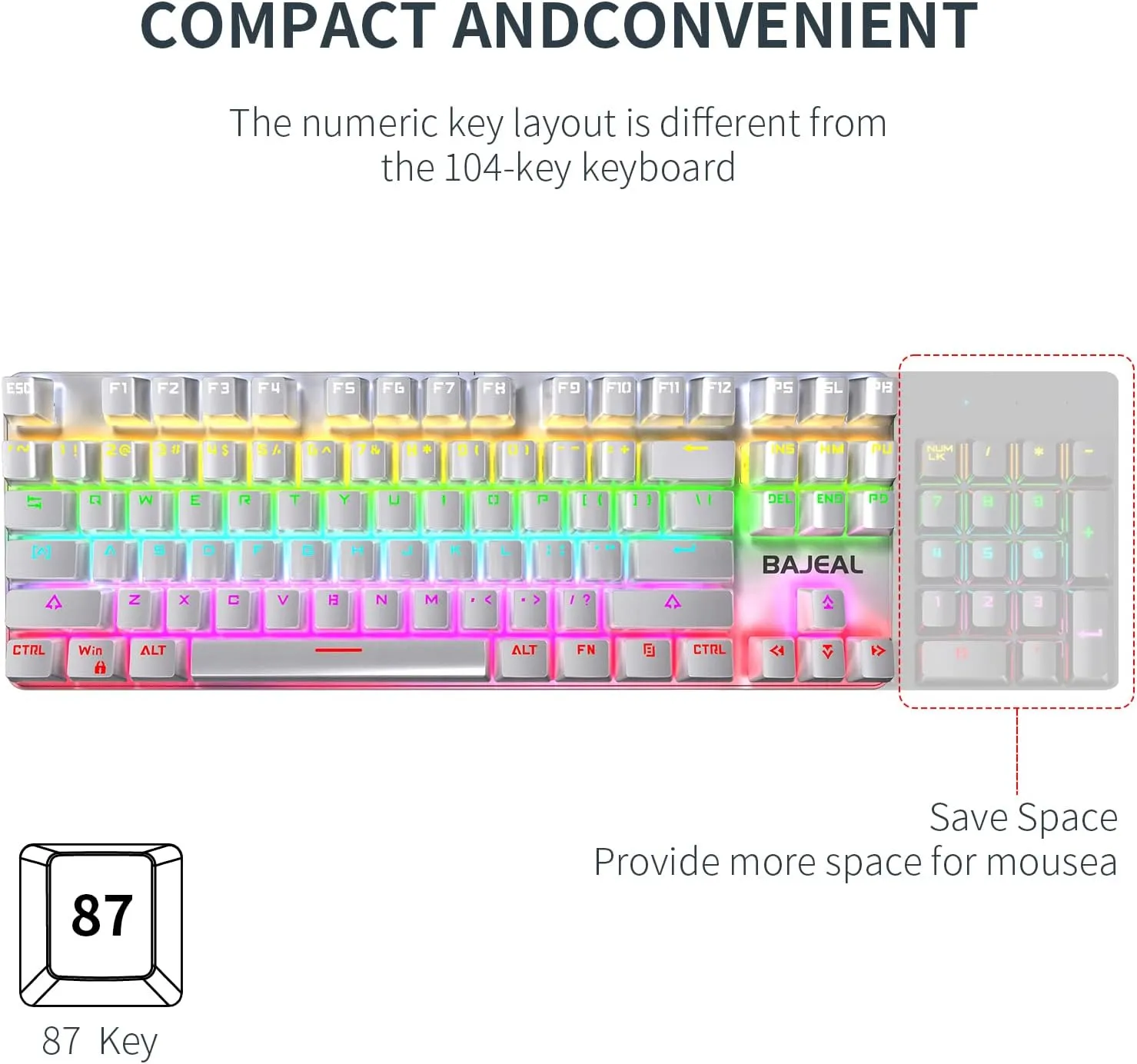 BAJEAL Wired Mechanical Keyboard TKL Wired RGB Backlit Hot Swappable Blue Switches Gaming Keyboard , 80% Compact 87 Keys , Ergonomic Design - WHITE Compact 80% Mechanical Keyboard tkl Wired pc Gaming Keyboard with Blue Switches Ergonomic Design Mechanical Gaming Keyboard with Rainbow Led Backlit 87 Keys for Windows Mac PC, White Mechanical Keyboard TKL Blue Switches WHITE