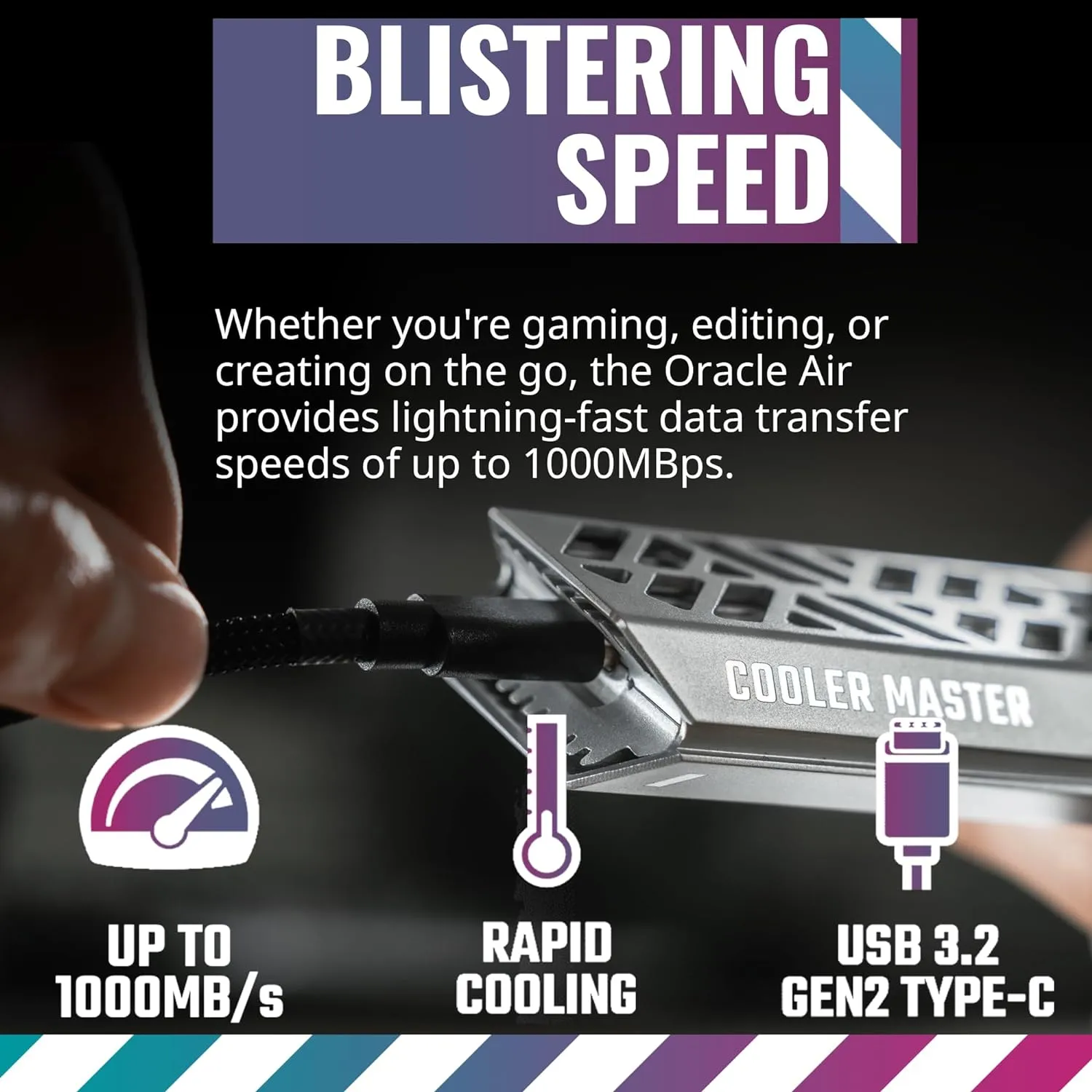 Cooler Master NVME M.2 SSD Enclosure Cooler Master Oracle AIR High Speed NVME M.2 SSD Enclosure, Full Toolless, Aluminum, USB 3.2 Gen 2 Type-C, Write | Read Gbp 10 ,Write |  Read MB/s 1054 , SSD Size 2280|2260|2242|2240|2230