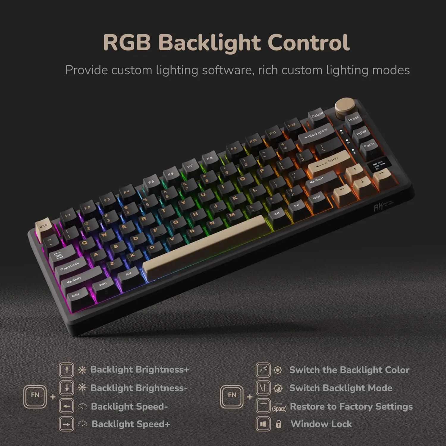 71LL5uTu6-L._AC_SL1500_ RK ROYAL KLUDGE M75 Wireless Mechanical Keyboard 2.4Ghz/BT5.1/USB-C Gaming Keyboard 75% Layout 81 Keys Gasket Mount with OLED Display & Knob RGB Backlight Hot-Swappable SILVER Switch, ENGLISH/ARABIC - PHANTOM  Wireless Mechanical Keyboard RGB SILVER Switch