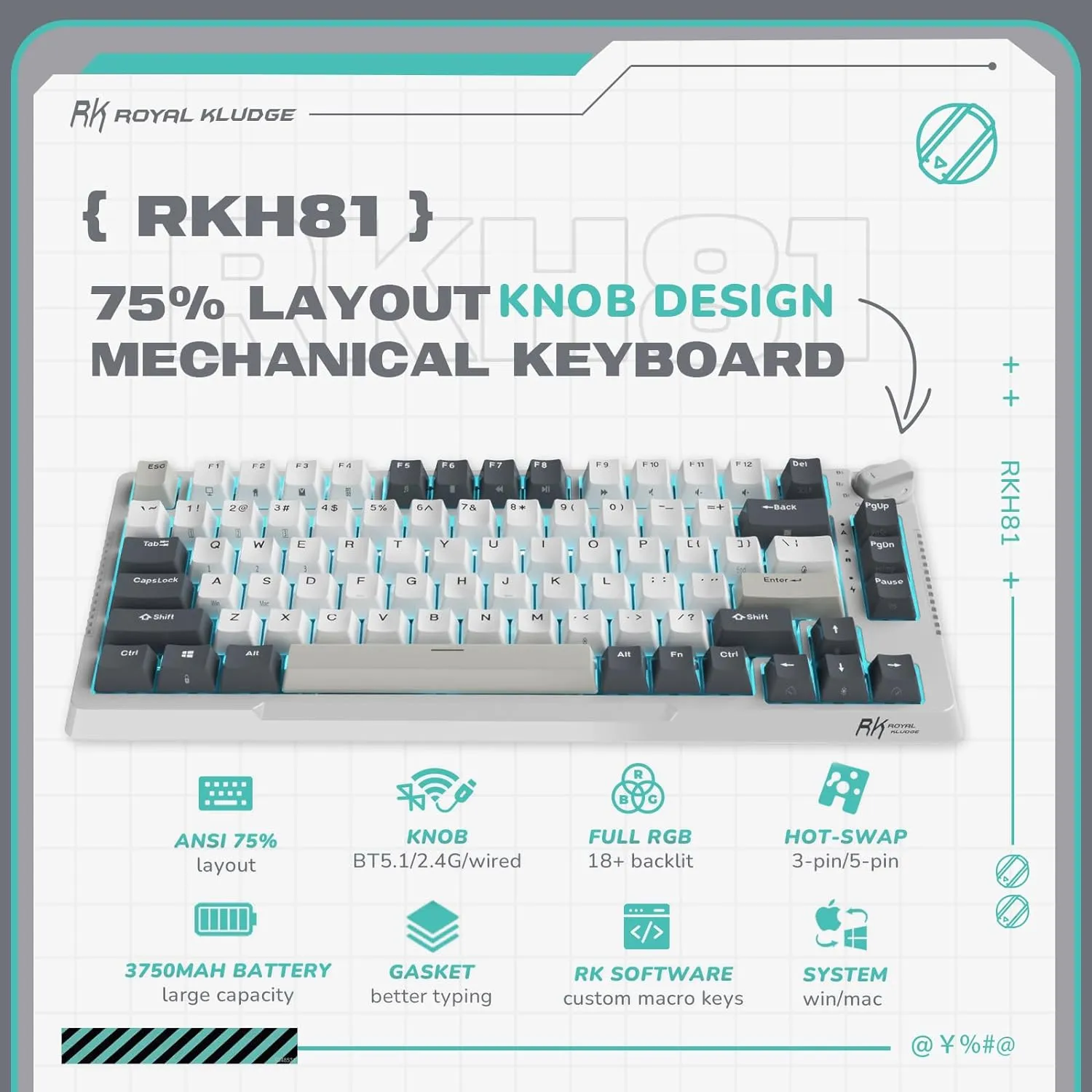 RK ROYAL KLUDGE H81 RGB Wireless Gaming Mechanical Keyboard BLUE Switch, Triple Mode Connectivity 2.4Ghz/BT5.1/USB-C ;  Control Knob , Gasket Mounted ; 75% Layout Hot Swappable 81 Keys - WHITE NIGHT RGB Wireless Mechanical Keyboard BLUE Switch