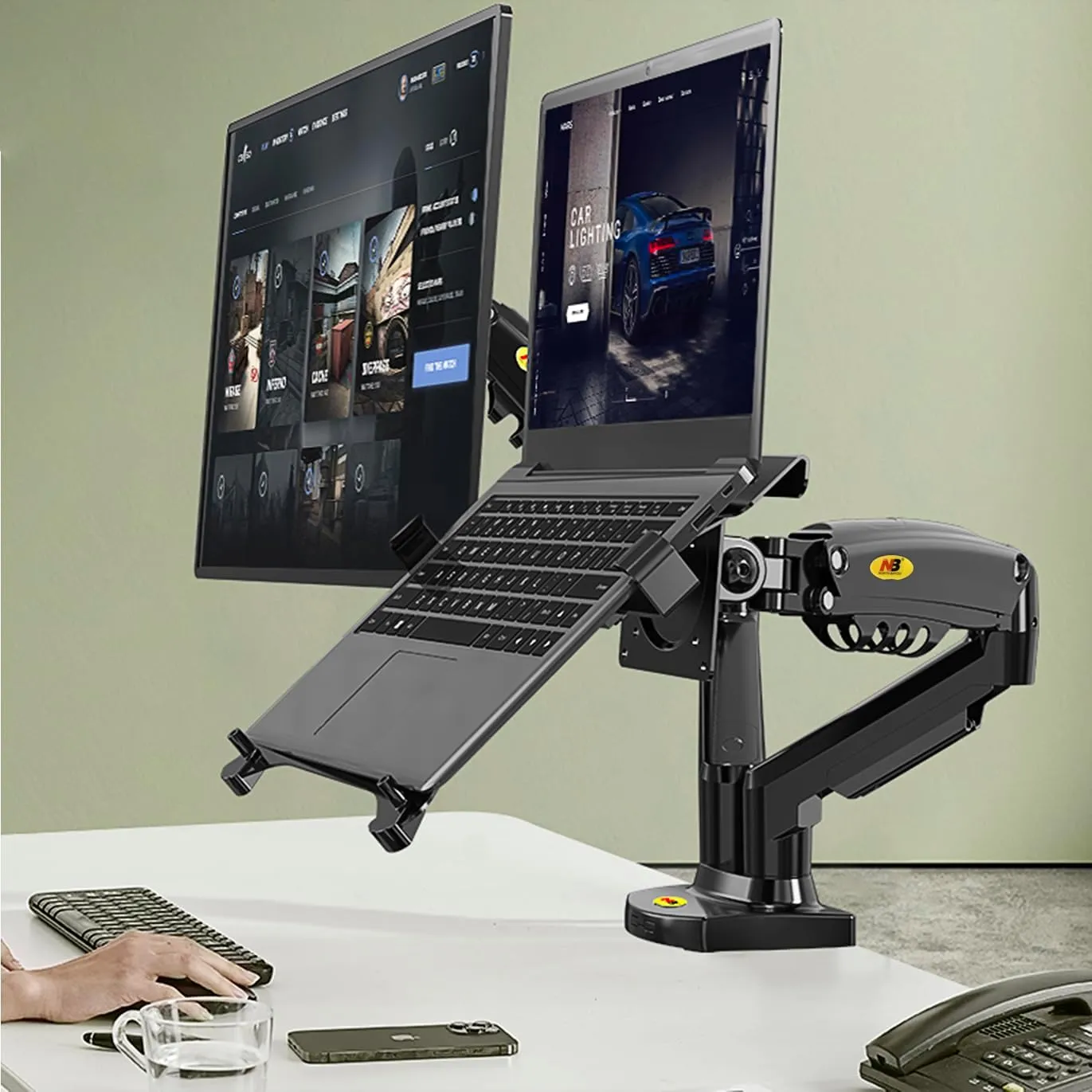 Laptop Mount with Adjustable Tray for 10-17” Notebook, Full Motion Arm with VESA Plate for 17-30” Monitor, Clamp-on Grommet Mounting  Arm VESA Plate Laptop Monitor Mount