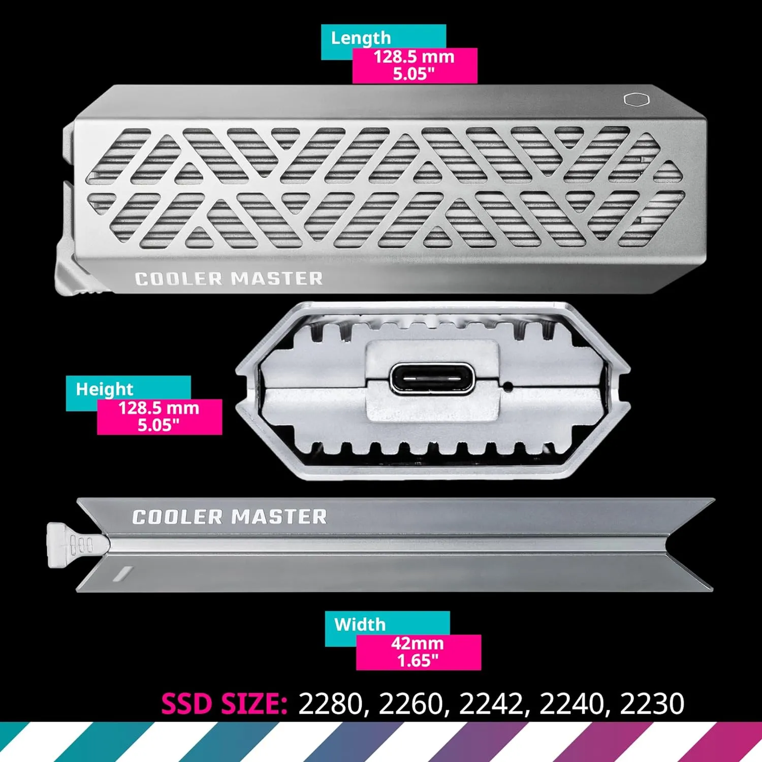 Cooler Master NVME M.2 SSD Enclosure Cooler Master Oracle AIR High Speed NVME M.2 SSD Enclosure, Full Toolless, Aluminum, USB 3.2 Gen 2 Type-C, Write | Read Gbp 10 ,Write |  Read MB/s 1054 , SSD Size 2280|2260|2242|2240|2230