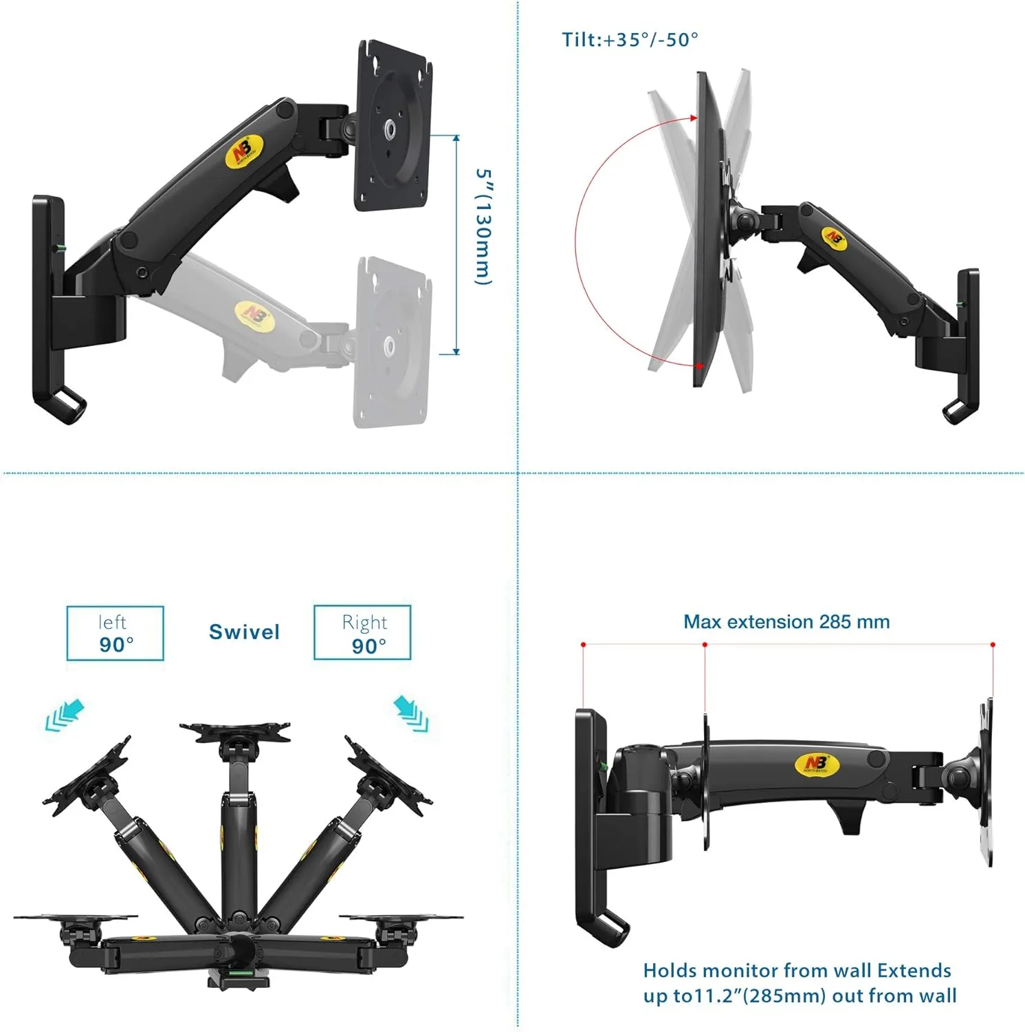 Wall Mount Bracket Arm for LED LCD TV Screen Monitor  - Full Motion Articulating Swivel for 17" ~ 27" Inch Monitors with Adjustable Gas Spring  Wall Mount Bracket Arm Monitor Screen