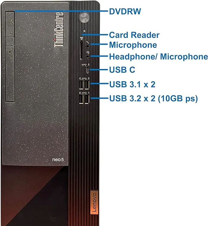 Lenovo ThinkCentre Neo 50T Tower Computer - Intel I3-12100, 4GB Ram, 1TB NVMe SSD, DVDRW Card Reader ,WIFI BT ,Integrated Intel UHD Graphics 730 ,DOS - Keyboard & Mouse Included Lenovo ThinkCentre Neo 50T Tower Computer