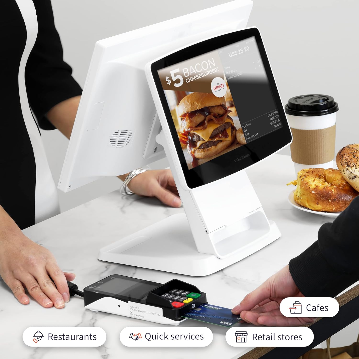 Retail and Restaurant POS Terminal Machine for Business, Point of Sale Cash Register with Intel Core I5 4TH Gen High-Performance CPU, 8GB Memory, and 128GB Hard Disk , 15.6" & 11.6" Dual Touch Screen - White POS Terminal Machine Dual Touch Screen