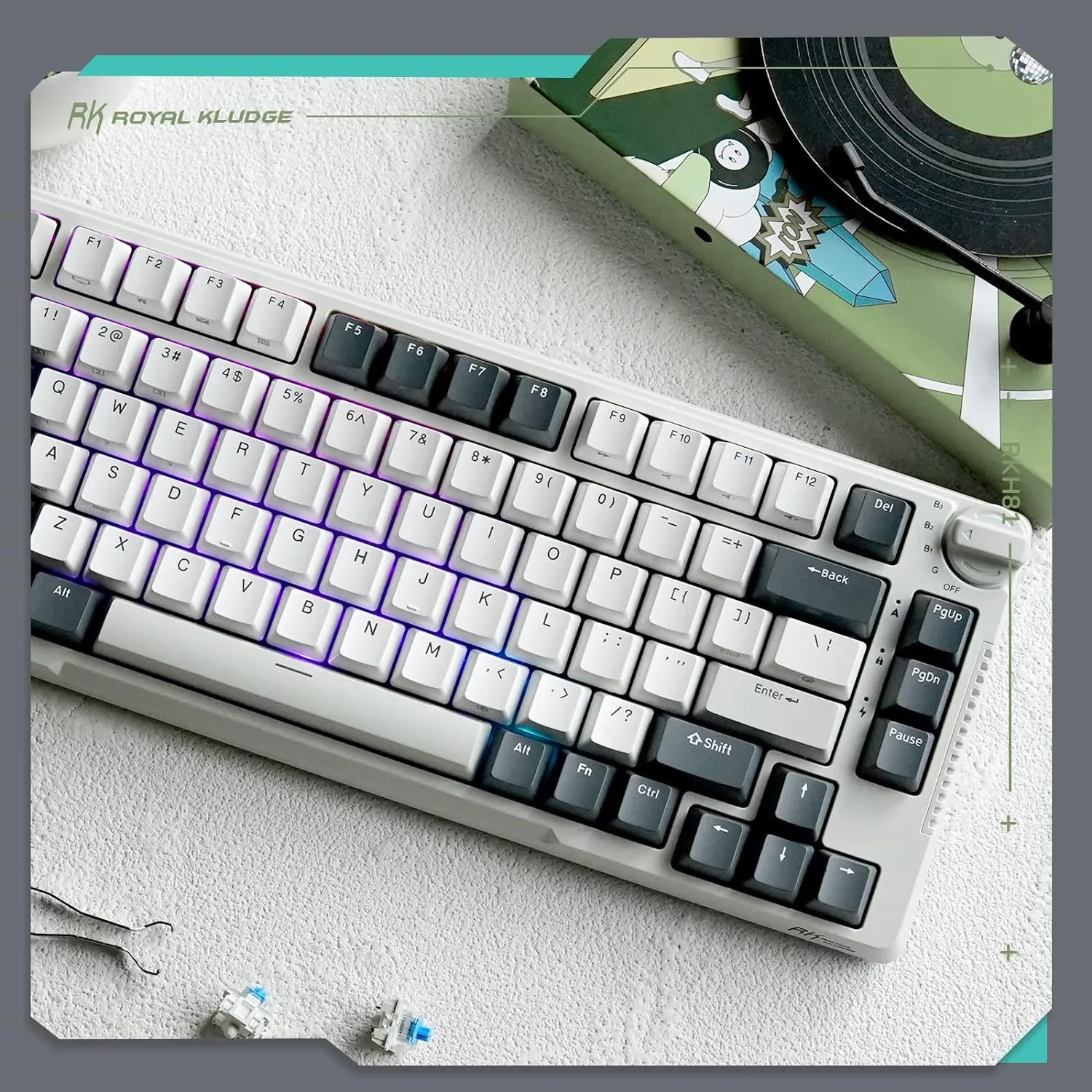 RK ROYAL KLUDGE H81 RGB Wireless Gaming Mechanical Keyboard BLUE Switch, Triple Mode Connectivity 2.4Ghz/BT5.1/USB-C ;  Control Knob , Gasket Mounted ; 75% Layout Hot Swappable 81 Keys - WHITE NIGHT RGB Wireless Mechanical Keyboard BLUE Switch