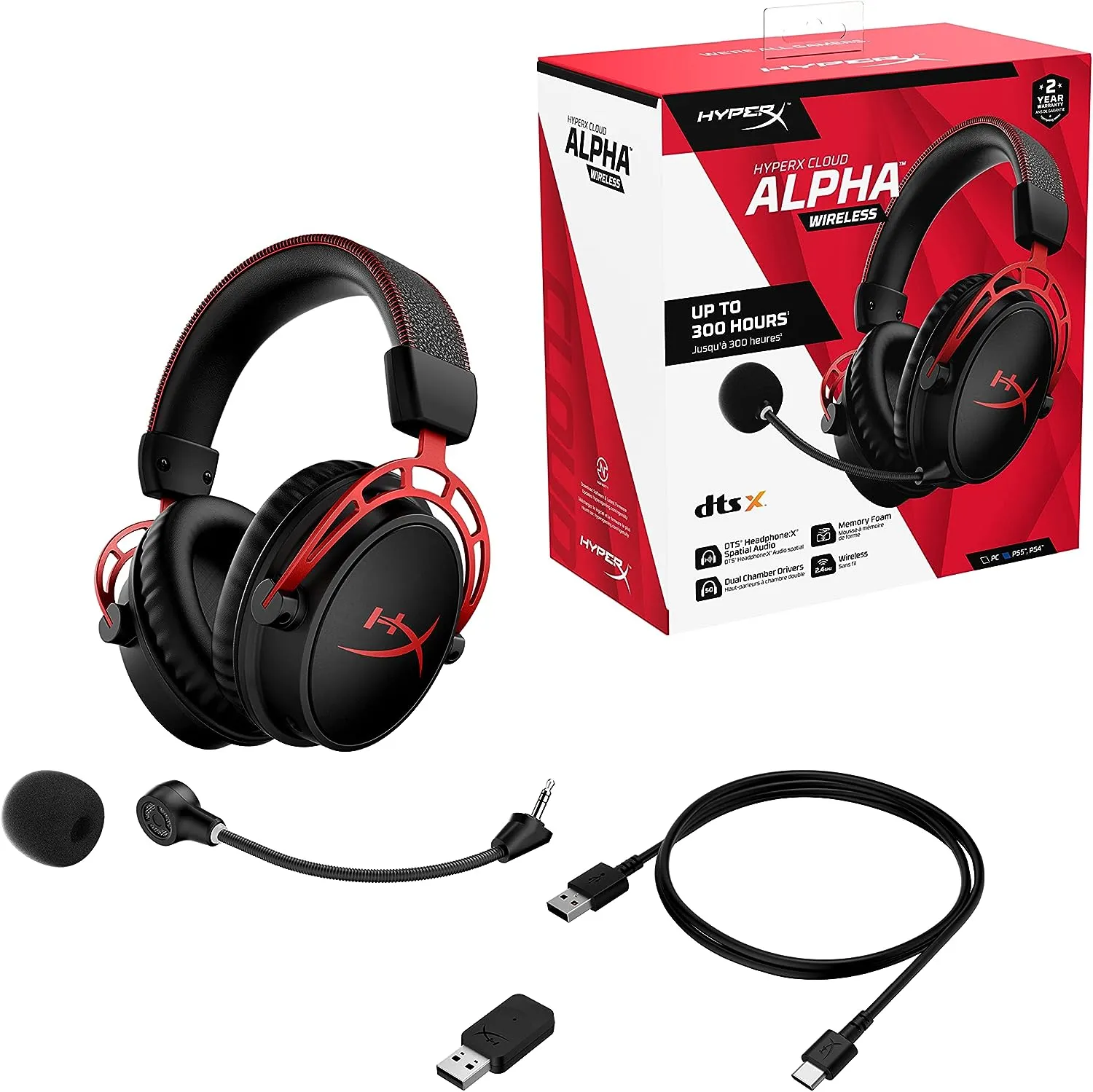 HyperX Cloud Alpha Wireless Gaming Headset HyperX Cloud Alpha Wireless - Gaming Headset for PC, 300-hour battery life, DTS Headphone: X Spatial Audio, Memory foam, Dual Chamber Drivers, Noise-canceling mic, Durable aluminum frame, Red