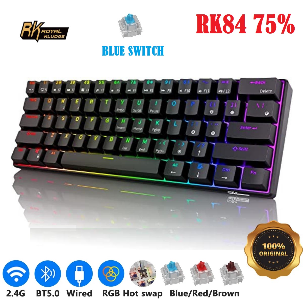 AHFDHDSH RK ROYAL KLUDGE RK84 RGB 75% Triple Connectivity Mode BT5.0/2.4G/USB-C Hot Swappable Mechanical Keyboard, 84 Keys Wireless Gaming Keyboard - Clicky Blue Switch - English/Arabic RGB 75% Mechanical Keyboard Blue Switch