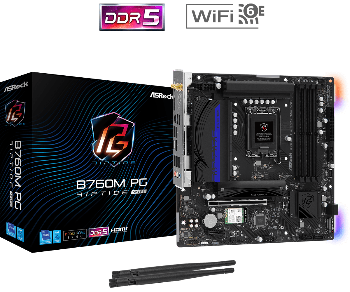 B760M PG Riptide WiFi(L1) ASRock B760M PG Riptide WiFi - LGA1700 up to 12th Gen - DDR5 7200MHz - HDMI, DisplayPort - Nahimic Audio - Dragon 2.5G LAN - intel Killer WiFi 6E - ASRock Auto Driver WIFI-6 DDR5 Nahimic Audio Motherboard