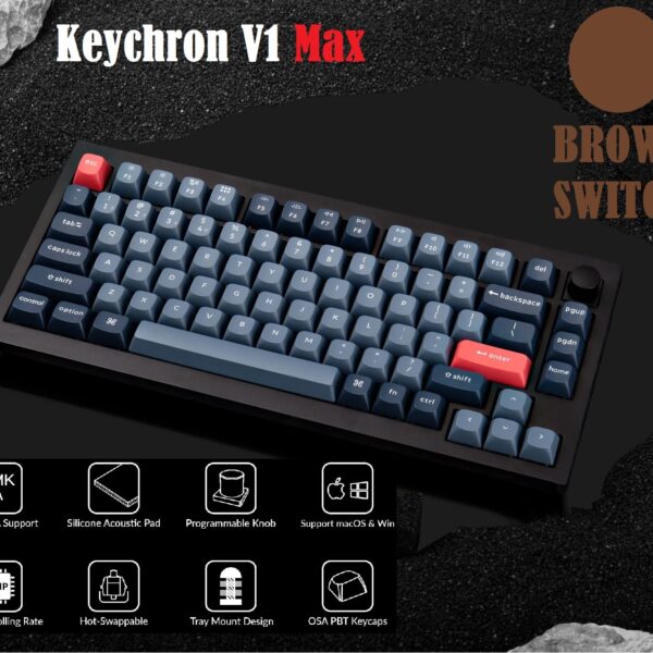 Keychron V1 Max Wireless Custom Mechanical Keyboard | Fully Assembled Knob |2.4 GHz wireless and Bluetooth 5.1 connectivity | compact 75% layout | gasket mount |double-shot PBT keycaps Gateron Jupiter Brown Switches | Carbon Black  Wireless Mechanical Keyboard RGB Brown Switches