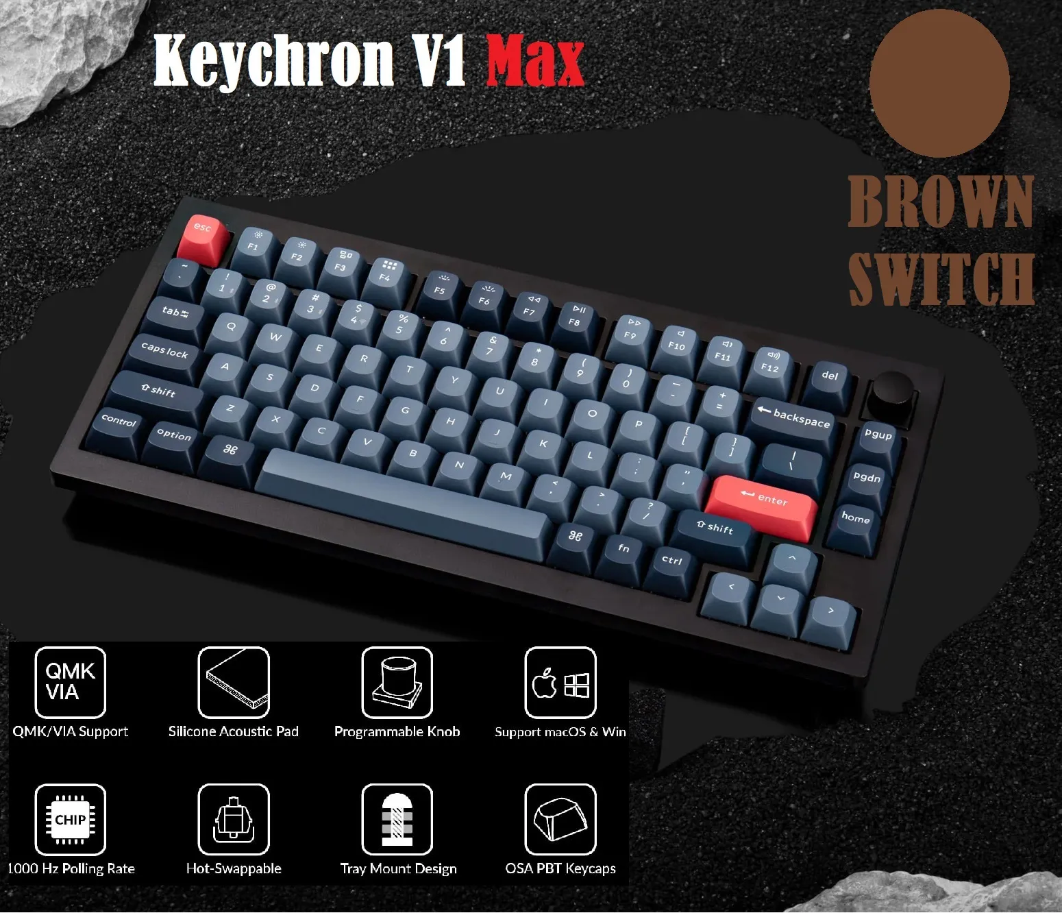 Keychron V1 Max Wireless Custom Mechanical Keyboard | Fully Assembled Knob |2.4 GHz wireless and Bluetooth 5.1 connectivity | compact 75% layout | gasket mount |double-shot PBT keycaps Gateron Jupiter Brown Switches | Carbon Black  Wireless Mechanical Keyboard RGB Brown Switches