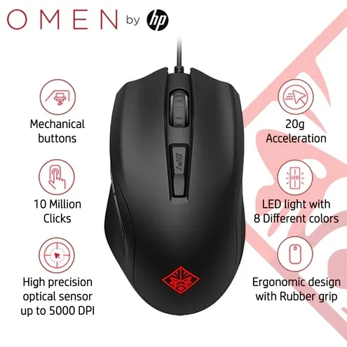 HP Omen 400 Wired USB Gaming Mouse, Optimized Mechanical Switches, Quick Adjust 1600-5000 DPI Optical Sensor, Sniper Mode 400 DPI, RGB LED, Customizable Buttons - [RePacked]  Wired USB Gaming Mouse 400 DPI
