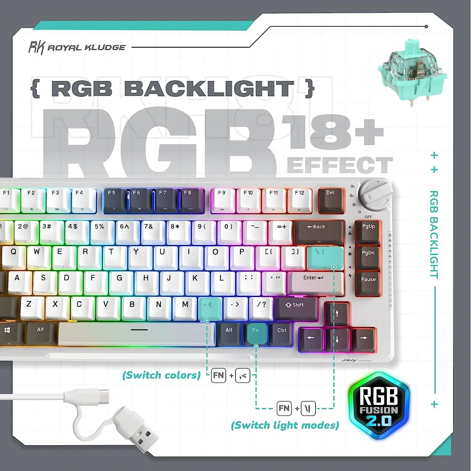 RK ROYAL KLUDGE H81 RGB Wireless Gaming Mechanical Keyboard SKY CYAN Switch, Triple Mode Connectivity 2.4Ghz/BT5.1/USB-C ;  Control Knob , Gasket Mounted ; 75% Layout Hot Swappable 81 Keys - WHITE NIGHT RGB Wireless Mechanical Keyboard CYAN Switch